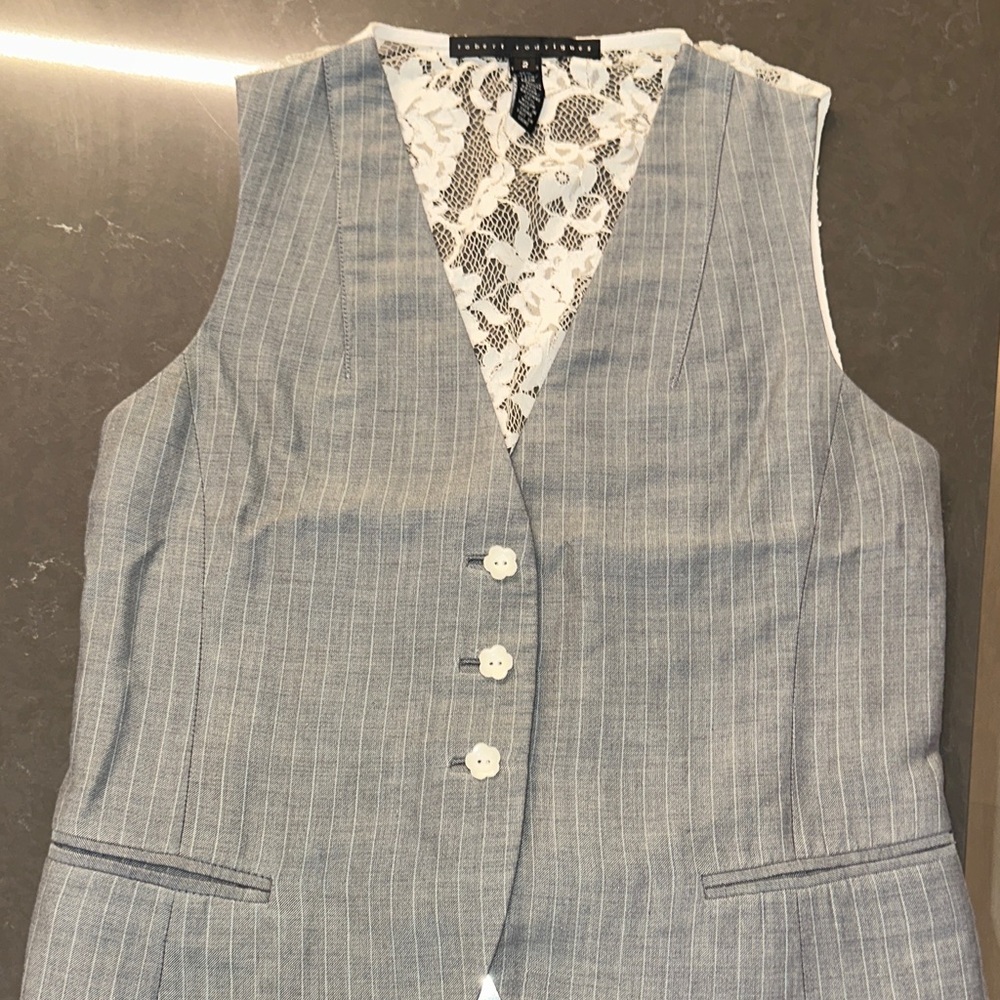 Robert Rodriguez Women's Gray Pinstripe Vest Lace back 2